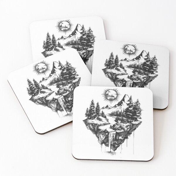 Item preview, Floating Mountain Island Waterfall Design | Black and White Wilderness Fantasy Art designed and sold by inkoutninja.