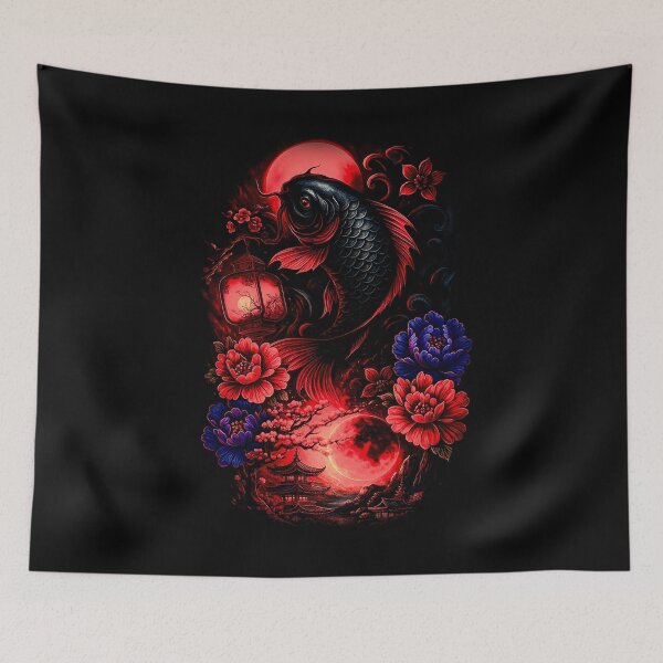 Item preview, Japanese Koi Fish Red Moon Floral Art designed and sold by PSYNOVA.