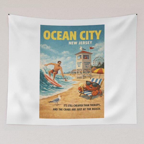 Item preview, Ocean City New Jersey Boardwalk Beach Pier 60 Surfing Jersey Shore Atlantic Ocean Lifeguard Tower Scene designed and sold by Aryabek.