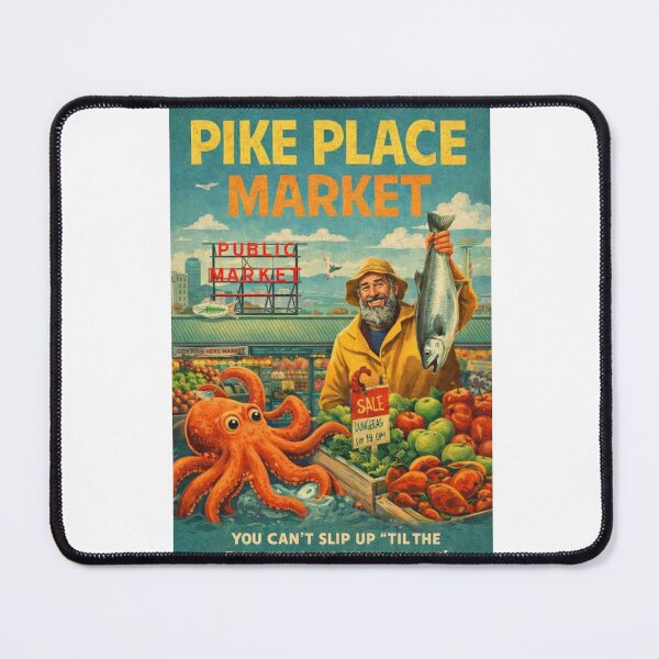 Item preview, Pike Place Market Seattle Washington Public Market Center Dungeness Crab Fishmongers and Space Needle Skyline designed and sold by Aryabek.