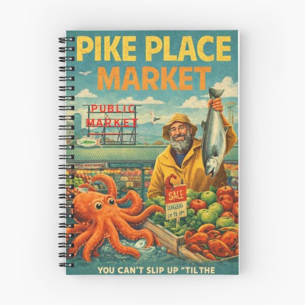 Item preview, Pike Place Market Seattle Washington Public Market Center Dungeness Crab Fishmongers and Space Needle Skyline designed and sold by Aryabek.