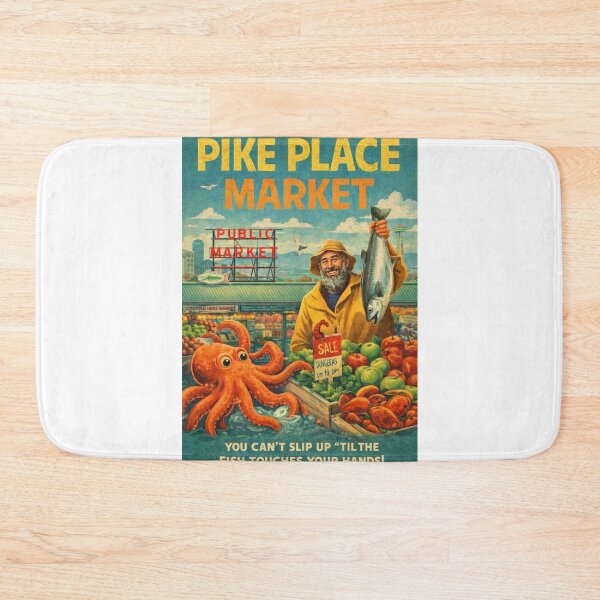 Item preview, Pike Place Market Seattle Washington Public Market Center Dungeness Crab Fishmongers and Space Needle Skyline designed and sold by Aryabek.