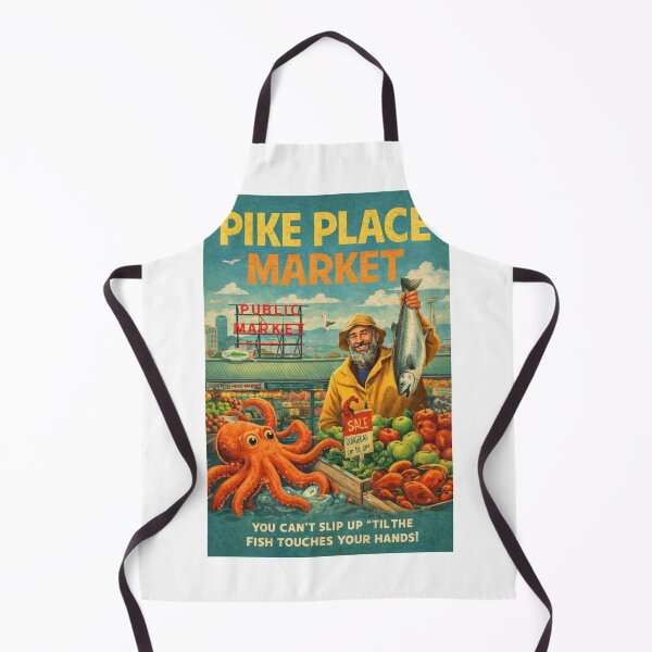 Item preview, Pike Place Market Seattle Washington Public Market Center Dungeness Crab Fishmongers and Space Needle Skyline designed and sold by Aryabek.