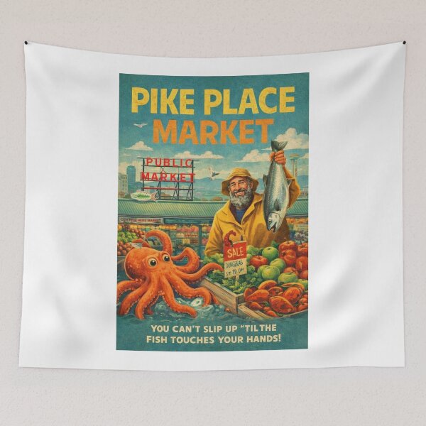 Item preview, Pike Place Market Seattle Washington Public Market Center Dungeness Crab Fishmongers and Space Needle Skyline designed and sold by Aryabek.