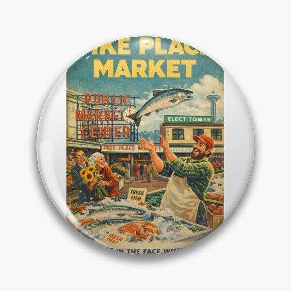 Item preview, Pike Place Market Seattle Washington Public Market Center Fish Toss Tradition and Space Needle Skyline designed and sold by Aryabek.