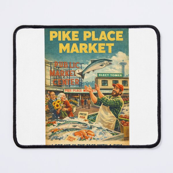 Item preview, Pike Place Market Seattle Washington Public Market Center Fish Toss Tradition and Space Needle Skyline designed and sold by Aryabek.
