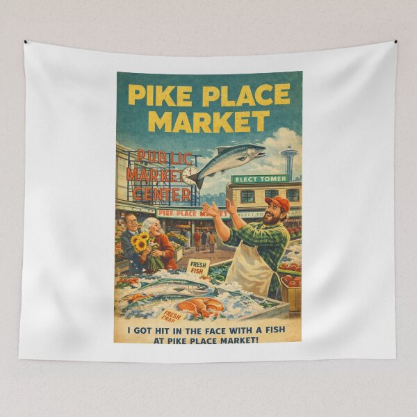 Item preview, Pike Place Market Seattle Washington Public Market Center Fish Toss Tradition and Space Needle Skyline designed and sold by Aryabek.