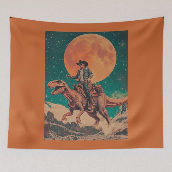 Item preview, Cowboy Riding Dinosaur Cosmic Desert Moon Poster designed and sold by Vicky021.