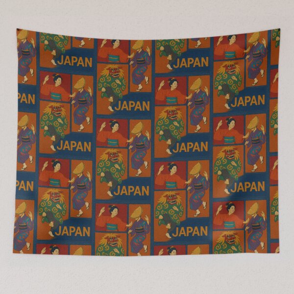 Item preview, Japan Faux Wool Art – Traditional Japanese Dance Collage, Awa Odori & Shishimai Knitted Style Illustration designed and sold by TheTrendsDesk.