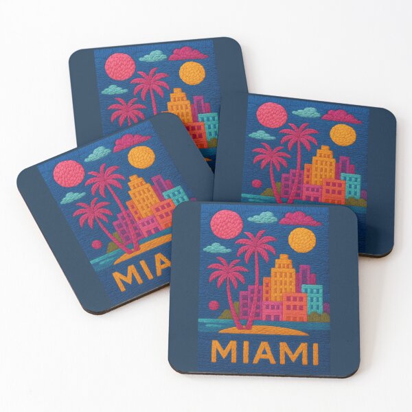 Item preview, Miami Faux Wool Art – Tropical Palm Trees & Retro City Skyline Knitted Style Illustration designed and sold by TheTrendsDesk.
