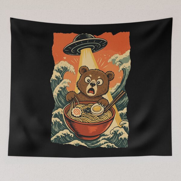 Item preview, UFO Abducting Bear Eating Ramen Funny Alien Sci-Fi Illustration designed and sold by JEFDodsonArt.