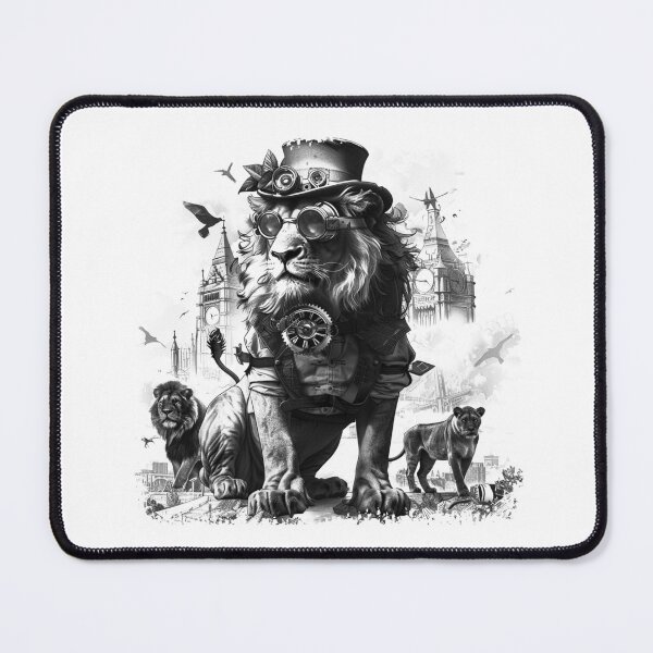 Item preview, Steampunk Lion Portrait in London | Black and White Gothic Royal Beast Art designed and sold by inkoutninja.