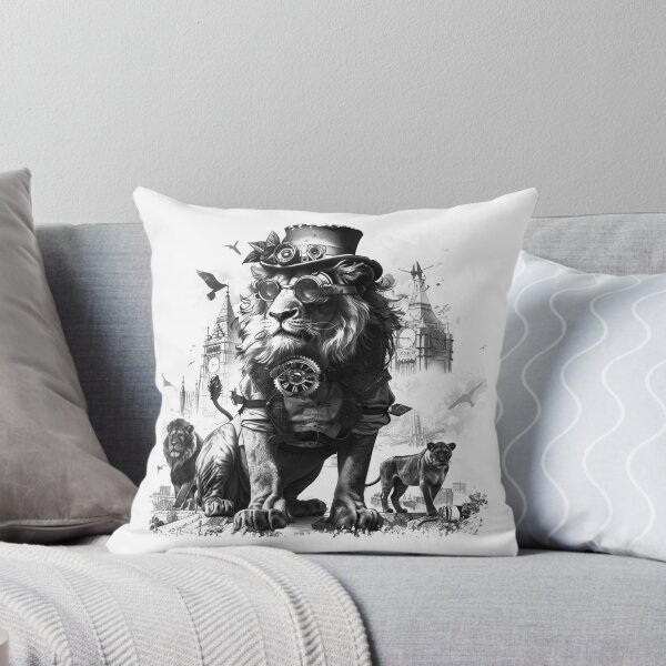 Item preview, Steampunk Lion Portrait in London | Black and White Gothic Royal Beast Art designed and sold by inkoutninja.