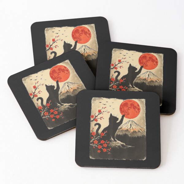 Item preview, Red Moon Cat Japanese Sakura Mountain Illustration designed and sold by titanlevi.