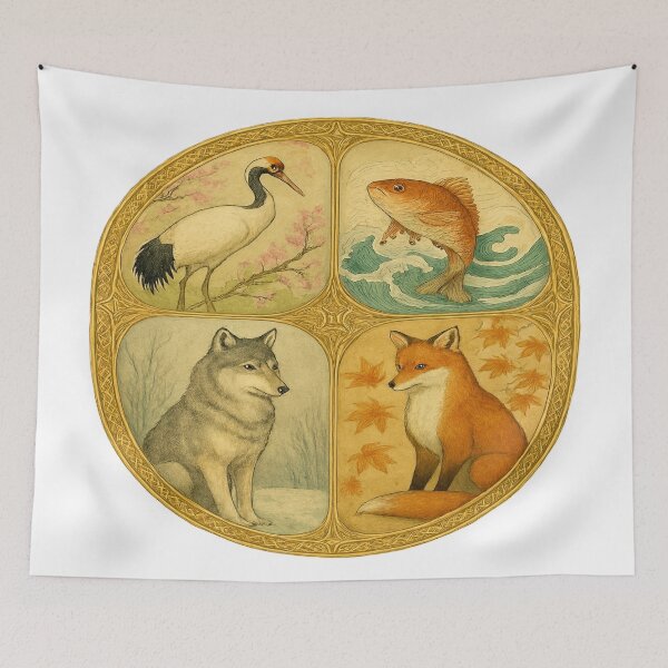 Item preview, Four Sacred Animals – Vintage Nature Circle Illustration designed and sold by myforestfog.