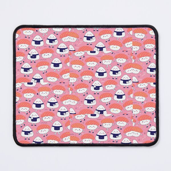 Item preview, Seamless pattern, adorable kawaii sushi characters with tiny smiles, salmon nigiri and onigiri, pastel pink background, soft outlines, Japanese pop art style, high quality vector. designed and sold by Wongvian.