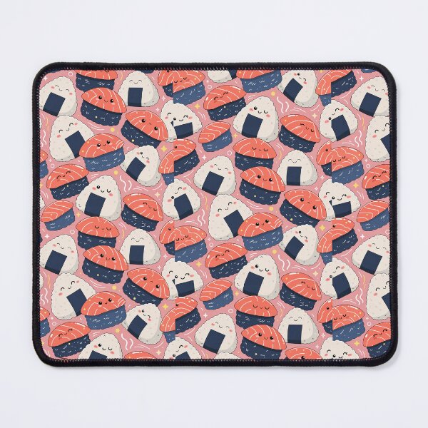 Item preview, Seamless pattern, adorable kawaii sushi characters with tiny smiles, salmon nigiri and onigiri, pastel pink background, soft outlines, Japanese pop art style, high quality vector. designed and sold by Wongvian.