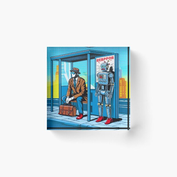 Item preview, Robot de arte pop: escena de parada de autobús de cómic retro designed and sold by Dogandesighn.