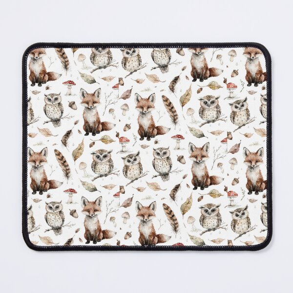 Item preview, Seamless pattern, cute watercolor forest animals, baby foxes and owls, soft earthy tones, whimsical woodland elements, white background, delicate artistic strokes. designed and sold by Wongvian.