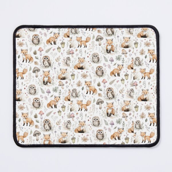 Item preview, Seamless pattern, cute watercolor forest animals, baby foxes and owls, soft earthy tones, whimsical woodland elements, white background, delicate artistic strokes. designed and sold by Wongvian.