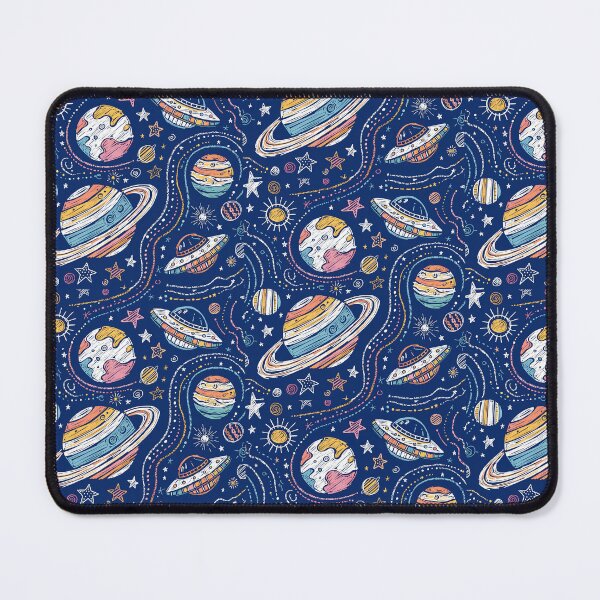 Item preview, Seamless pattern, hand-drawn space doodles, tiny stars, planets and UFOs, navy blue background, chalk art style, playful and creative. designed and sold by Wongvian.