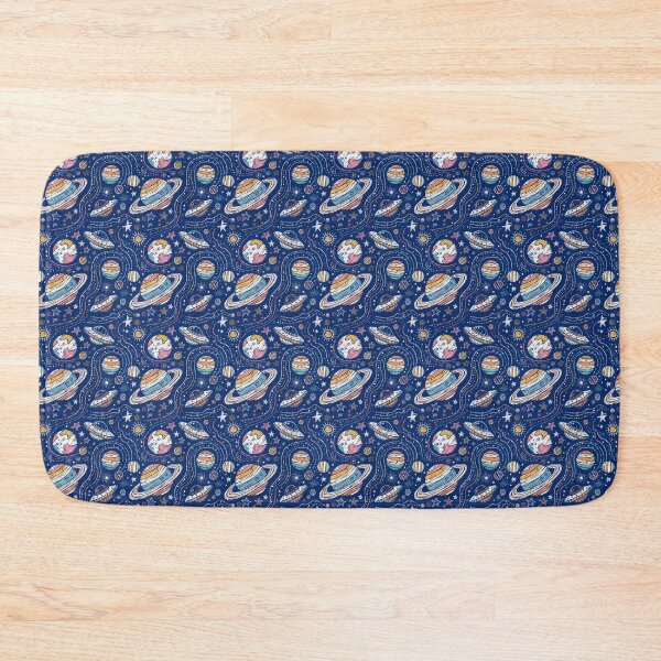 Item preview, Seamless pattern, hand-drawn space doodles, tiny stars, planets and UFOs, navy blue background, chalk art style, playful and creative. designed and sold by Wongvian.