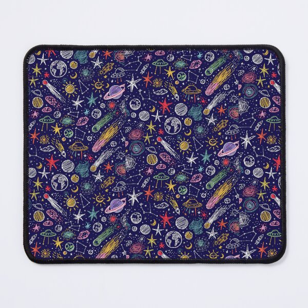 Item preview, Seamless pattern, hand-drawn space doodles, tiny stars, planets and UFOs, navy blue background, chalk art style, playful and creative. designed and sold by Wongvian.