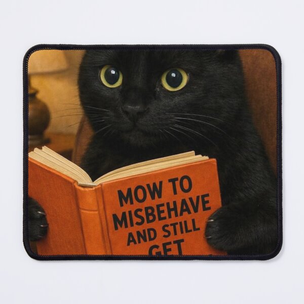 Item preview, Funny Black Cat Reading Book Pun - Mow To Misbehave designed and sold by JossDesign15.
