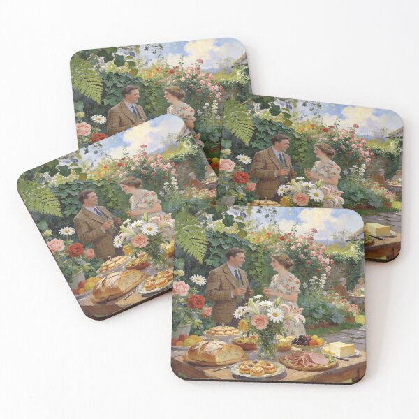 Item preview, Romantic Backyard Party Artwork, Floral Garden Gathering in Impressionism Style designed and sold by BlareBlare.