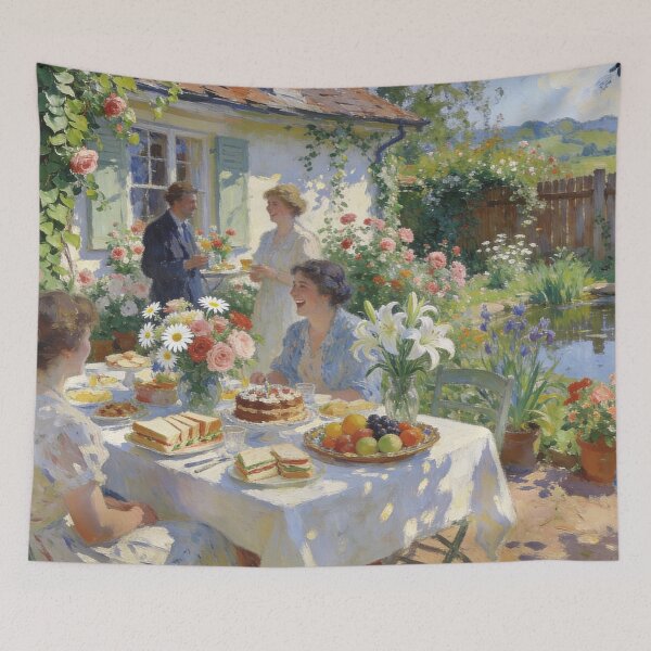 Item preview, Impressionist Garden Party Painting, Lively Backyard Celebration with Flowers & Food Wall Art designed and sold by BlareBlare.