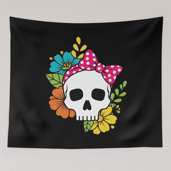 Item preview, Floral Skull with Pink Polka Dot Bow - Rockabilly Gothic Art designed and sold by BRU Design.