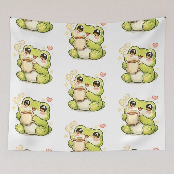 Item preview, Cute Frog Drinking Coffee Kawaii Cartoon – Funny Coffee Lover Frog Sticker & T-Shirt Design designed and sold by Dasts Cart.