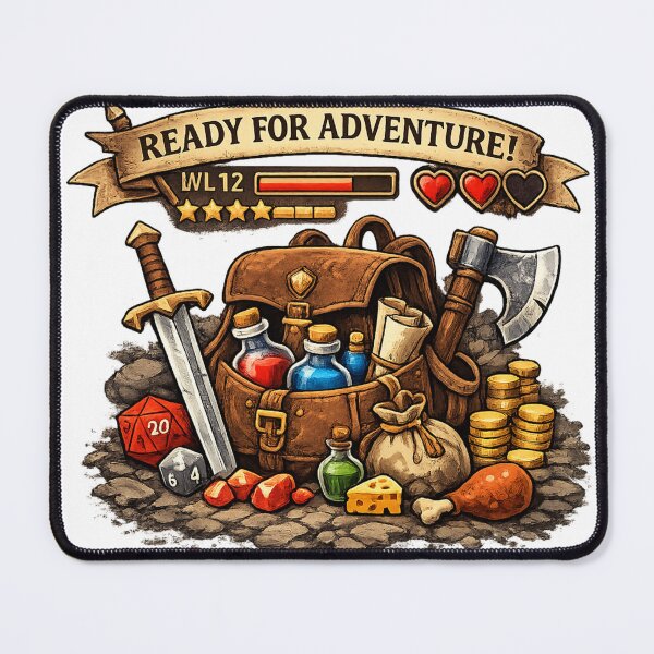Item preview, Ready For Adventure – Fantasy RPG Gamer Loot Backpack Design designed and sold by Ana Gómez.
