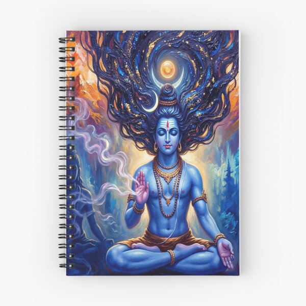 Item preview, Modern Oil Painting of Blue Meditating Deity with Devotees and Cosmic Background designed and sold by RadiantRenderArt.