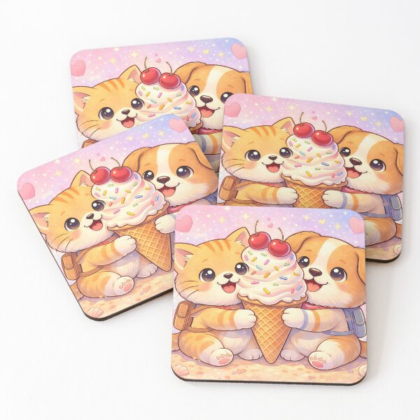 Item preview, Cute Cat and Dog Sharing Giant Ice Cream | Kawaii Sweet Treat Animal Illustration designed and sold by Furfolkz.
