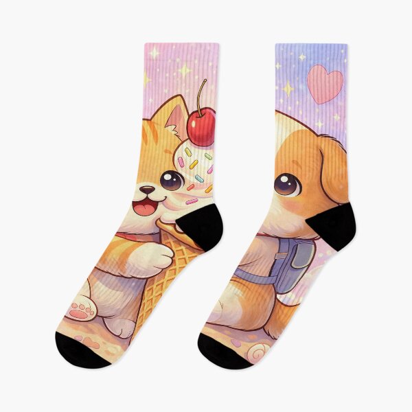 Item preview, Cute Cat and Dog Sharing Giant Ice Cream | Kawaii Sweet Treat Animal Illustration designed and sold by Furfolkz.