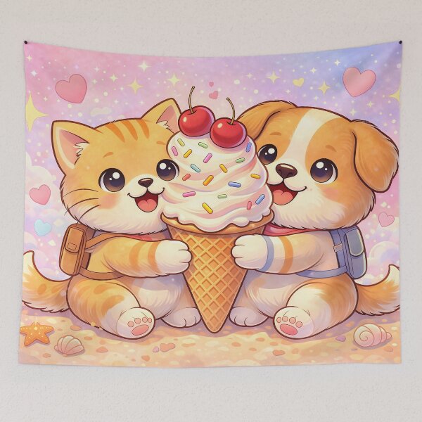 Item preview, Cute Cat and Dog Sharing Giant Ice Cream | Kawaii Sweet Treat Animal Illustration designed and sold by Furfolkz.