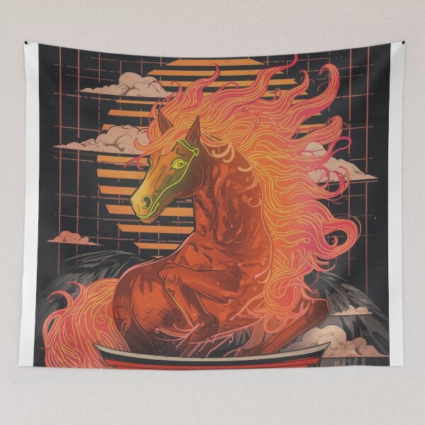 Item preview, Neon Fire Horse Sticker | Ukiyo-e Cherry Blossom Chinese Zodiac Decal designed and sold by Vandy Fullam.