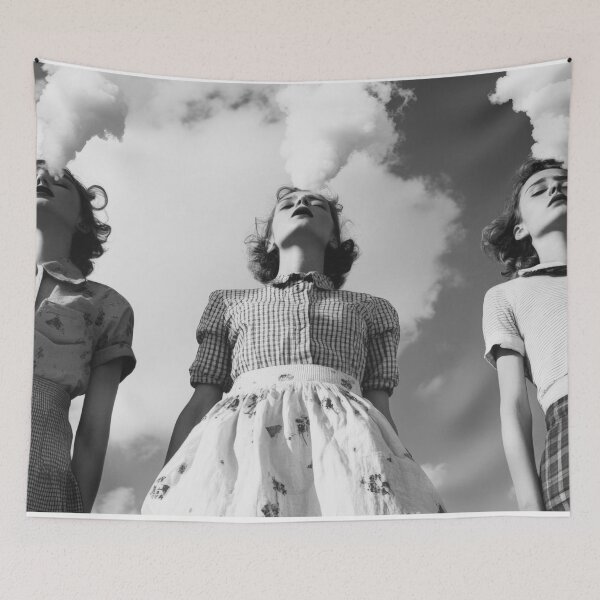 Item preview, Smoke show, vintage women smoking cigarettes and exhaling black and white photograph poster art print designed and sold by Astrid Arkhangelsky.