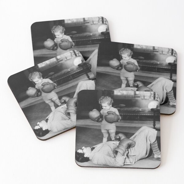 Item preview, TKO, vintage little girl knocks out her father, funny girl power black and white photograph poster art print designed and sold by Astrid Arkhangelsky.