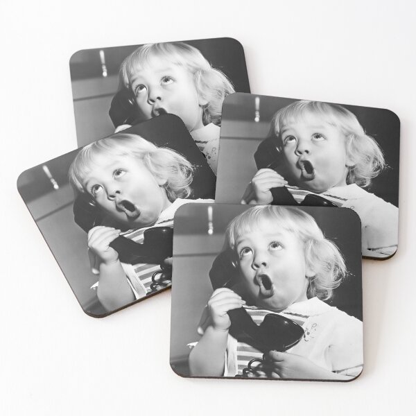 Item preview, Humorous telephone game, funny little girl blabbing on the telephone vintage black and white photograph poster art print designed and sold by Astrid Arkhangelsky.