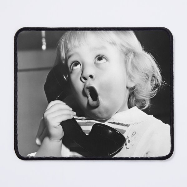 Item preview, Humorous telephone game, funny little girl blabbing on the telephone vintage black and white photograph poster art print designed and sold by Astrid Arkhangelsky.