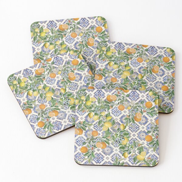 Item preview, Sicilian Mediterranean Citrus and Blue Azulejo Tiles with Lemons and Oranges designed and sold by Bloomery Decor.