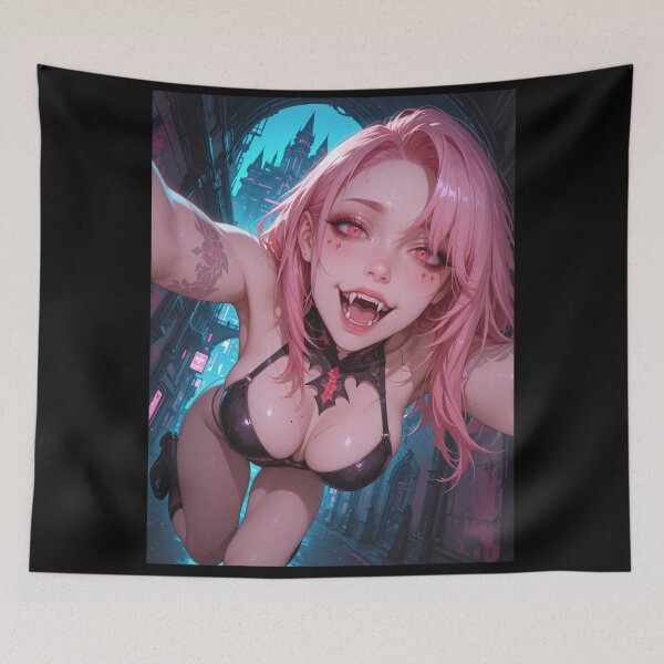 Item preview, Cyberpunk vampire anime waifu with fangs and pink hair designed and sold by Planet Utoppia.