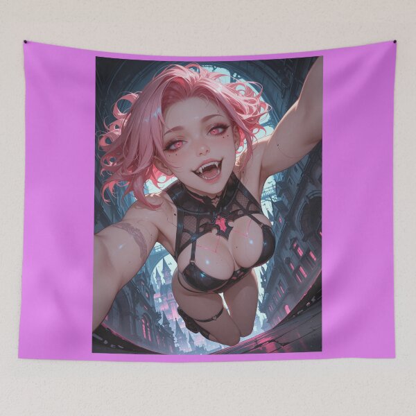 Item preview, Cyberpunk vampire anime waifu with fangs and pink hair designed and sold by Planet Utoppia.