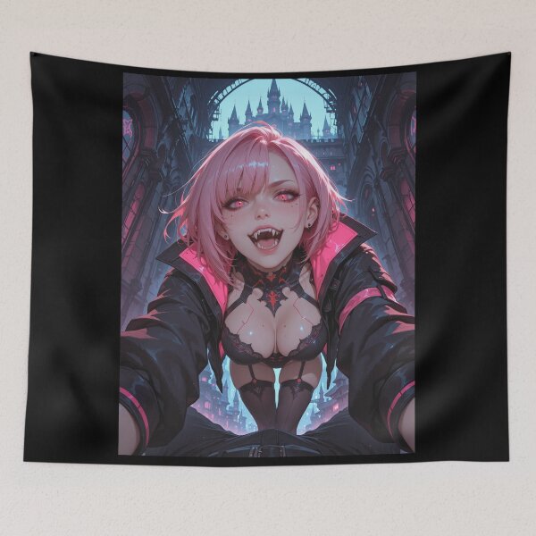 Item preview, Anime waifu vampire cyber goth with fangs and pink hair designed and sold by Planet Utoppia.