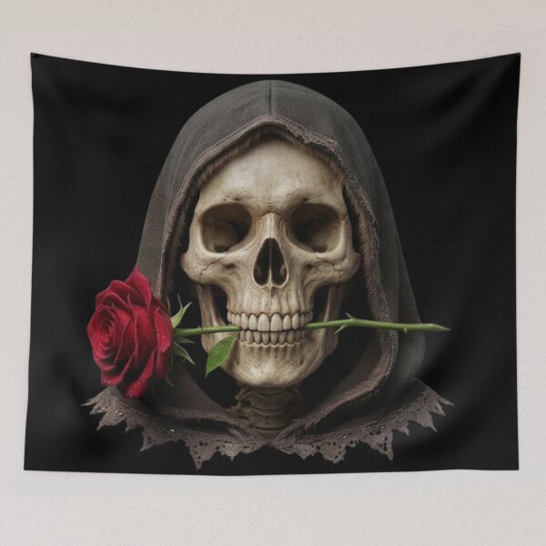 Item preview, Skeleton Skull Holding Red Rose in Teeth designed and sold by Cauldron Crafts.