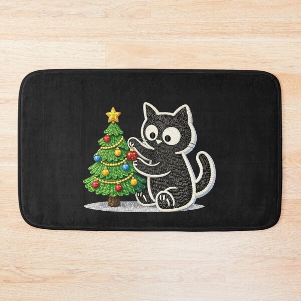 Item preview, Minimal Black Cat Decorating Christmas Tree – Cute Embroidered Holiday Cat Aesthetic Design designed and sold by ColorSplash123.