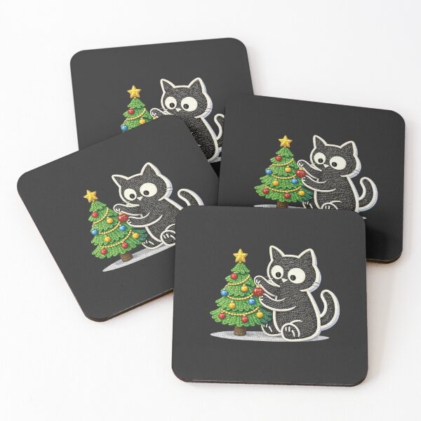 Item preview, Minimal Black Cat Decorating Christmas Tree – Cute Embroidered Holiday Cat Aesthetic Design designed and sold by ColorSplash123.