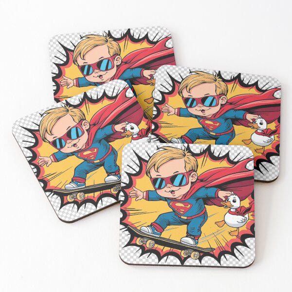 Item preview, Superhero Baby Flying on Skateboard with Golden Retriever & Hero Duck – Funny Comic T-Shirt Design designed and sold by Mitaudesign.